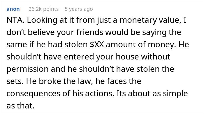 Screenshot of a discussion about a cheating ex-wife's boyfriend stealing expensive Lego sets and facing legal consequences.
