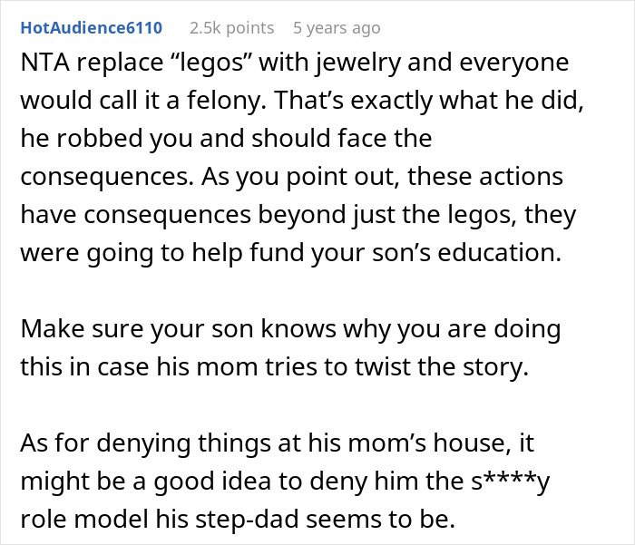 Screenshot of an online comment discussing theft of expensive Lego sets by cheating ex-wife’s boyfriend and its consequences.