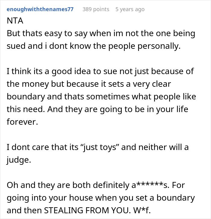 Screenshot of a Reddit comment discussing theft and boundaries related to cheating ex-wife's boyfriend stealing expensive Lego sets.