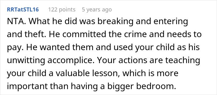 Comment discussing theft and consequences involving cheating ex-wife's boyfriend stealing expensive Lego sets and facing arrest.