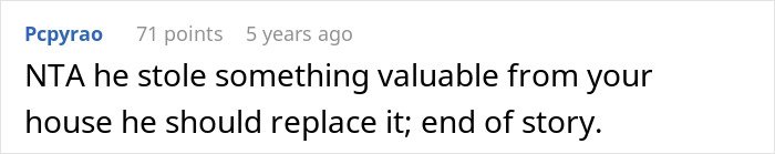 Screenshot of an online comment about stolen valuable items, related to cheating ex-wife's boyfriend stealing Lego sets.