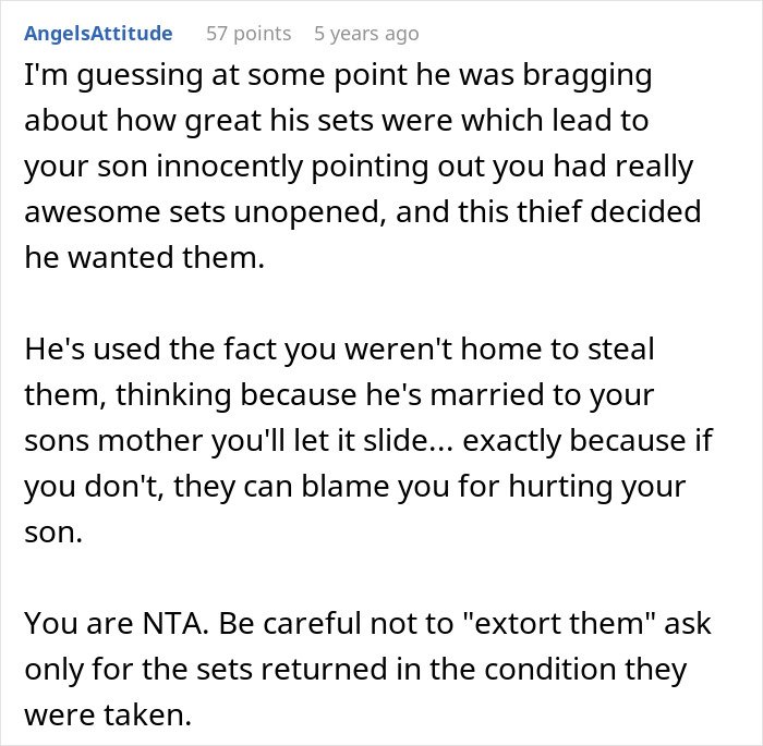 Comment discussing how a cheating ex-wife's boyfriend stole expensive Lego sets from a guy while he was not home.