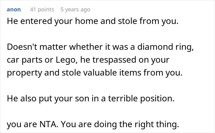 Comment explaining cheating ex-wife's boyfriend stealing expensive Lego sets and trespassing on property, leading to arrest.