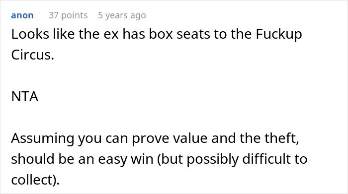 Reddit comment discussing theft of expensive Lego sets by cheating ex-wife's boyfriend and potential legal outcomes.