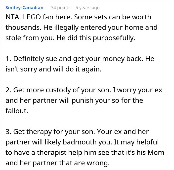 Comment discussing theft of expensive Lego sets by cheating ex-wife's boyfriend and legal advice for the victim.