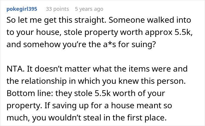Comment discussing someone stealing expensive property including Lego sets from a guy and the resulting dispute over suing.