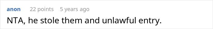Comment saying NTA for stealing expensive Lego sets and unlawful entry in a text post about cheating ex-wife's boyfriend.