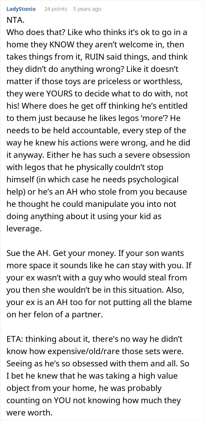 Comment discussing a cheating ex-wife’s boyfriend stealing expensive Lego sets and the consequences he faced.