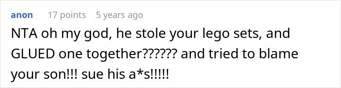 Comment expressing shock about stolen Lego sets being glued together and someone trying to blame the victim's son in a theft case