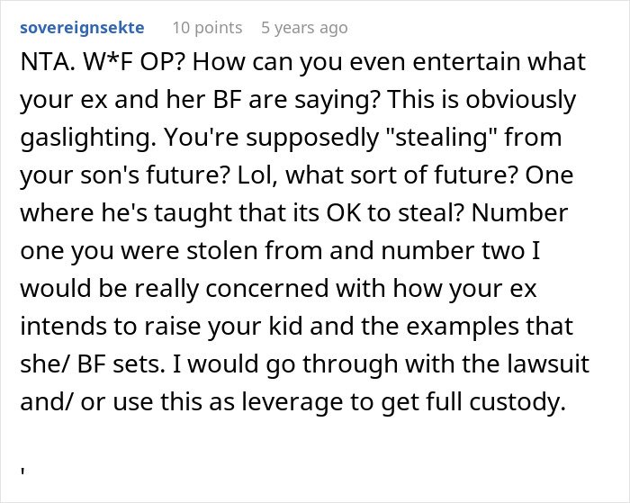 Comment discussing ex-wife's boyfriend stealing expensive Lego sets, criticizing gaslighting and custody concerns.