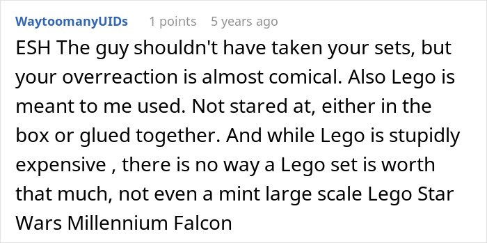 Comment discussing a cheating ex-wife's boyfriend stealing expensive Lego sets and the value of used Lego sets.