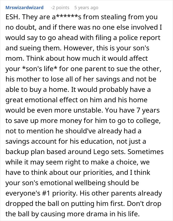 Comment discussing emotional impact and financial priorities related to cheating ex-wife's boyfriend stealing expensive Lego sets.