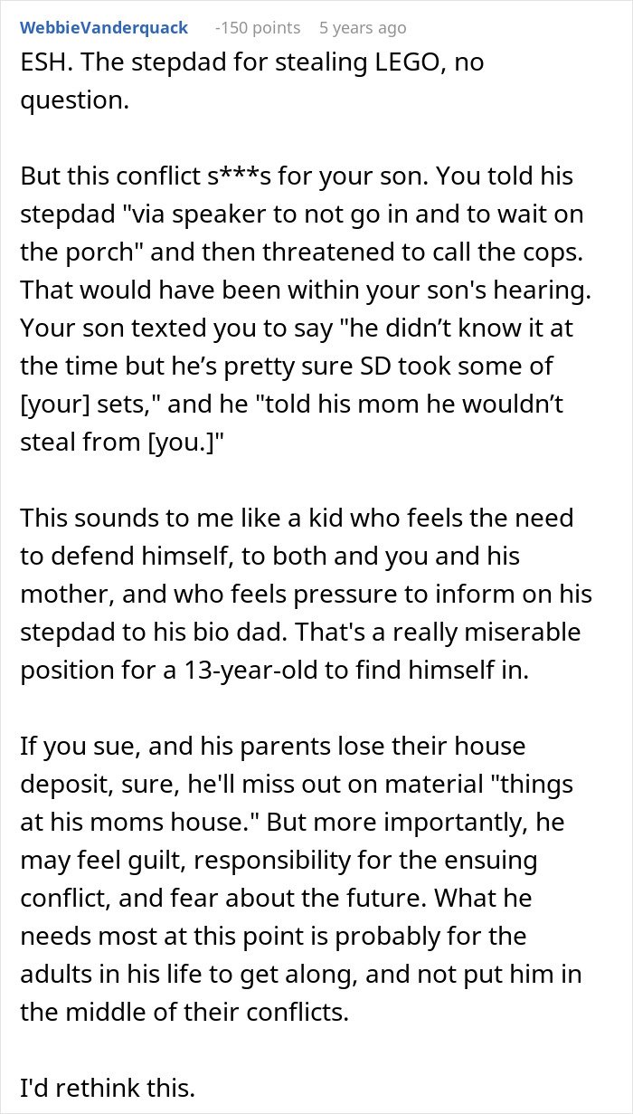 Comment discussing conflict involving cheating ex-wife's boyfriend stealing expensive Lego sets, emphasizing family tension and impact.