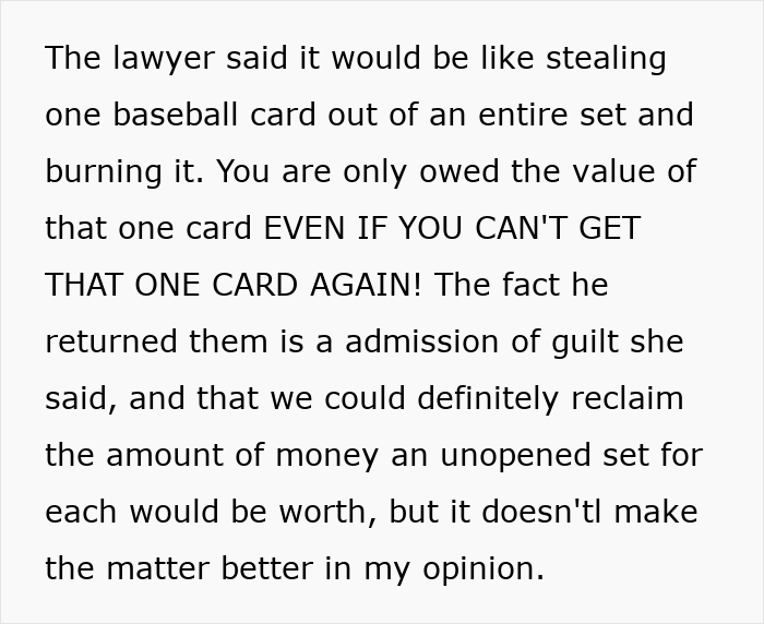 Lawyer explains value of stolen expensive Lego sets returned by cheating ex-wife's boyfriend as admission of guilt.