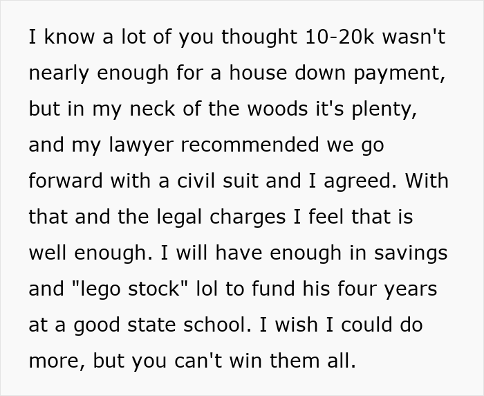 Text about legal actions and savings related to stolen expensive Lego sets after cheating ex-wife's boyfriend arrest.