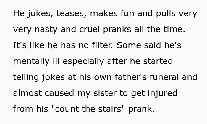 Text excerpt describing groom pranks, teasing, and cruel behavior causing distress at family events.