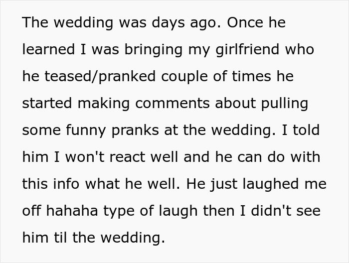 Groom pranks brother-in-law’s girlfriend at wedding, causing tension and refusing to pay for his actions.