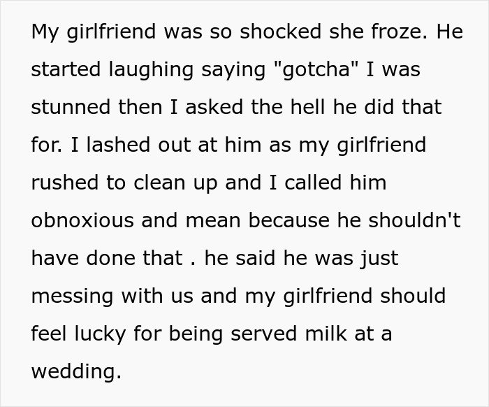 Text describing a groom pranking his brother-in-law’s girlfriend during a wedding, causing shock and upset.