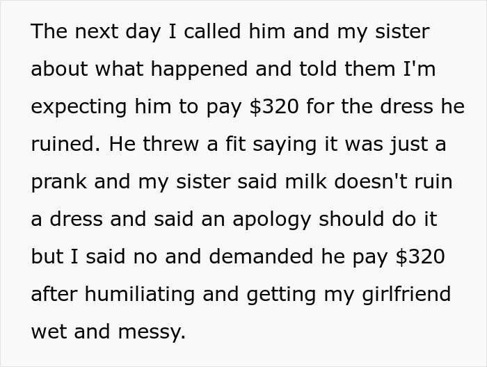 Text message about demanding payment after prank causing a dress to be ruined during wedding involving groom and BIL’s girlfriend.