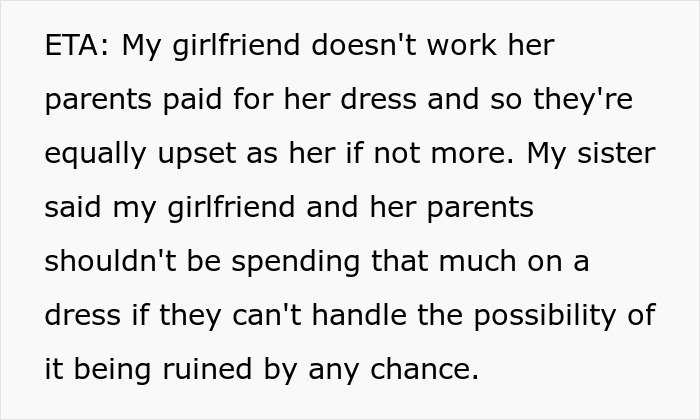 Text showing a discussion about a girlfriend and her parents upset over dress expenses after groom pranks BIL’s girlfriend.