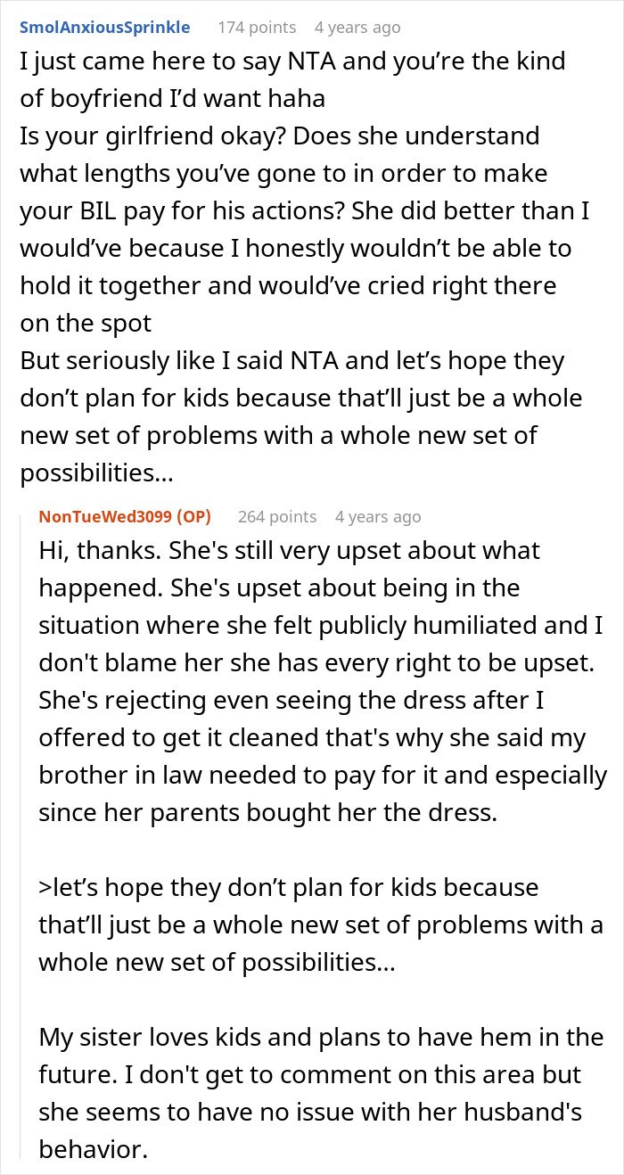 Screenshot of a Reddit conversation about a groom pranking his BIL’s girlfriend and refusal to pay for his actions.