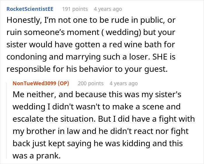 Screenshot of a Reddit conversation discussing a groom pranking his brother-in-law’s girlfriend at a wedding event.
