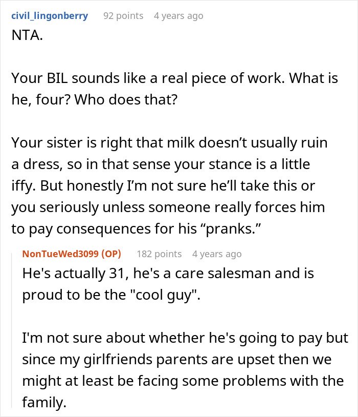 Comments discussing groom pranks on BIL’s girlfriend, refusal to pay, and resulting family tension after wedding incident.