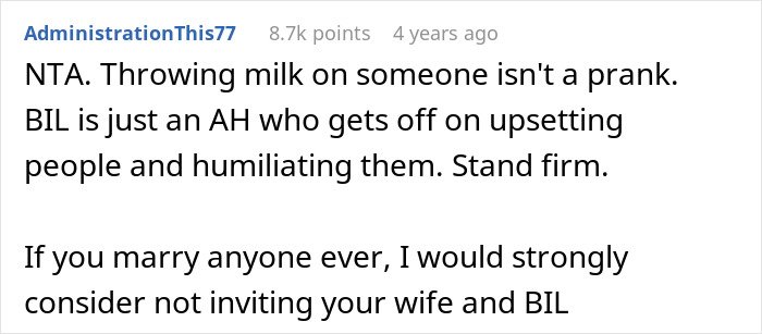 Screenshot of a user comment discussing a groom pranking his brother-in-law’s girlfriend and the refusal to pay for the prank.