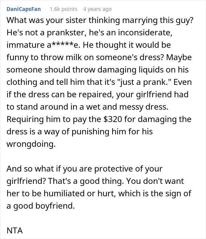 Comment discussing groom pranks causing damage and refusing to pay, focusing on consequences and protection of girlfriend.