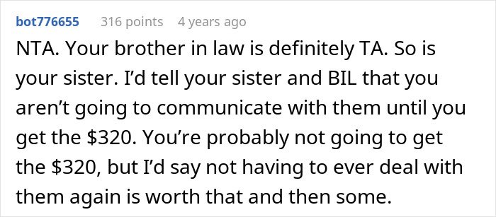 Screenshot of a Reddit comment discussing a groom pranking brother-in-law’s girlfriend and refusing to pay for his actions.