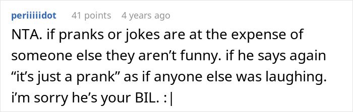 Screenshot of a Reddit comment discussing groom pranks targeting BIL’s girlfriend and refusing to pay for the consequences.
