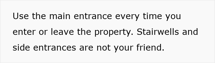 Safety tip from former FBI agent advising women to always use the main entrance and avoid stairwells and side entrances.