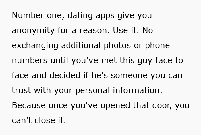 Text advice on dating apps safety for women, sharing former FBI agent safety tips to consider and protect personal information.