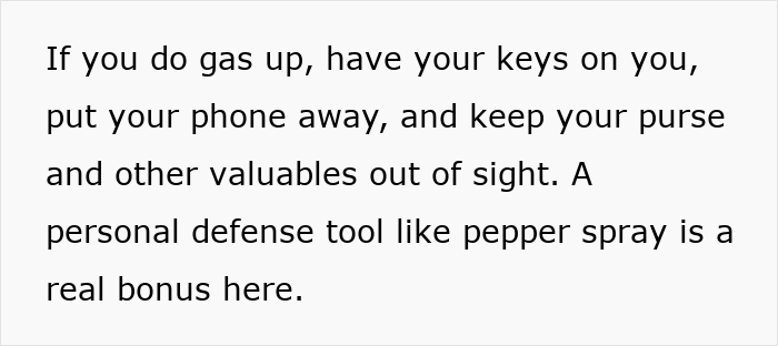 Text image with safety tips for women including having keys ready, putting phone away, securing valuables, and using pepper spray.
