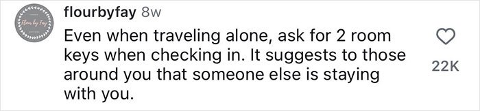 Social media safety tip for women traveling alone, advising to ask for two room keys at check-in for added security.