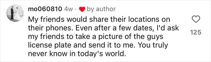Comment about friends sharing locations and safety tips for women to stay cautious in today’s world.