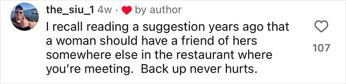 Comment from a former FBI agent sharing safety tips for women about having backup while meeting someone new.