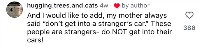Screenshot of a social media comment emphasizing safety tips for women about not getting into a stranger’s car.