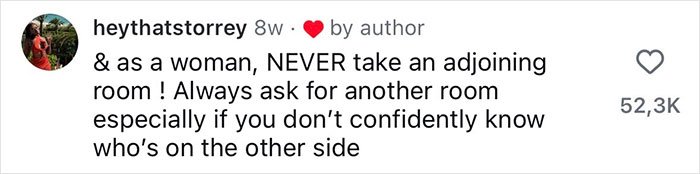 Woman shares safety tips for women warning against taking adjoining hotel rooms for personal security.