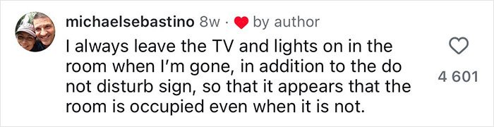 Screenshot of a social media comment sharing women's safety tips from a former FBI agent about leaving lights on when away.
