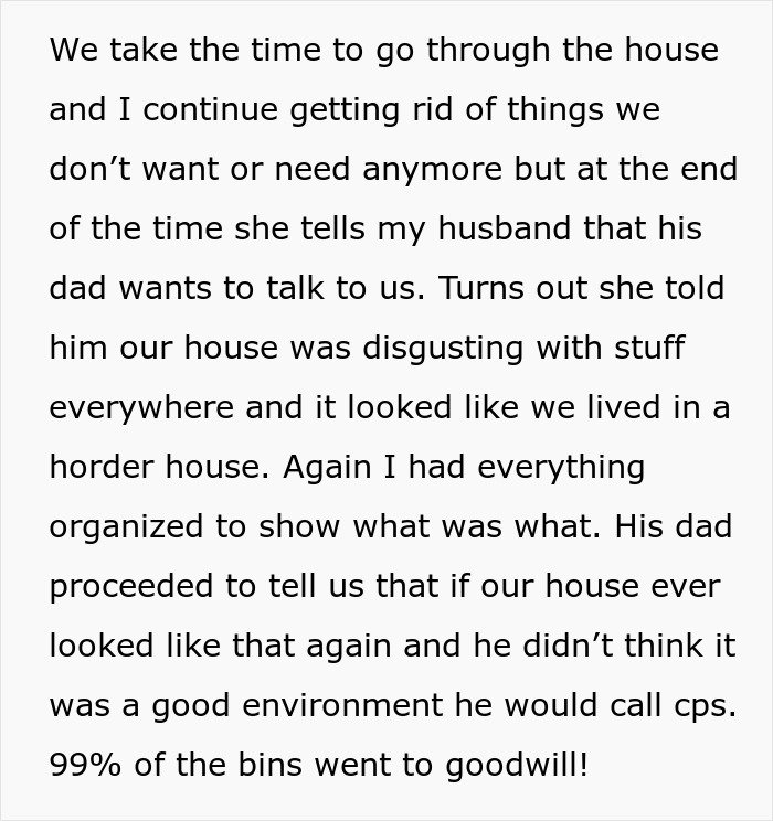 Screenshot of a message describing in-laws threatening to call CPS over concerns about new parents’ home condition and environment.