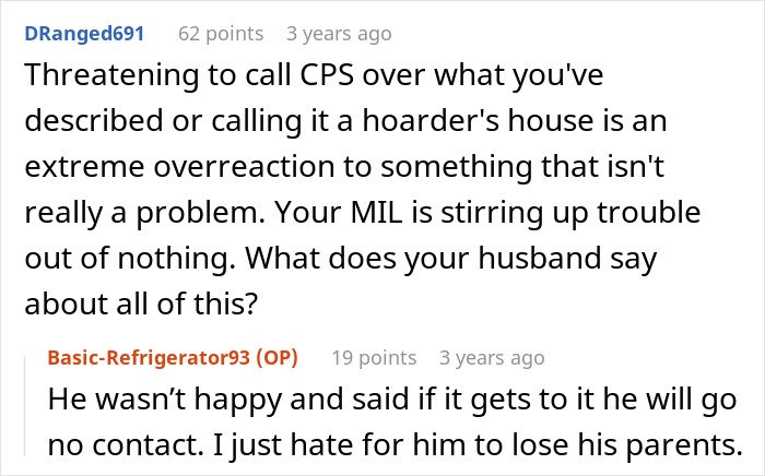 Reddit comment discussing in-laws threatening CPS after deeming new parents’ home unacceptable, causing family conflict.