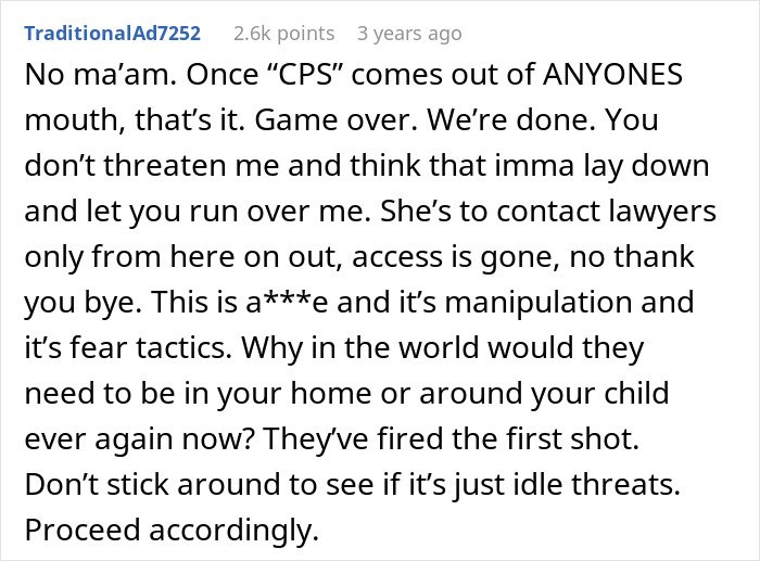 Commenter strongly reacts to in-laws threatening CPS, calling it manipulation and urging legal action to protect new parents.