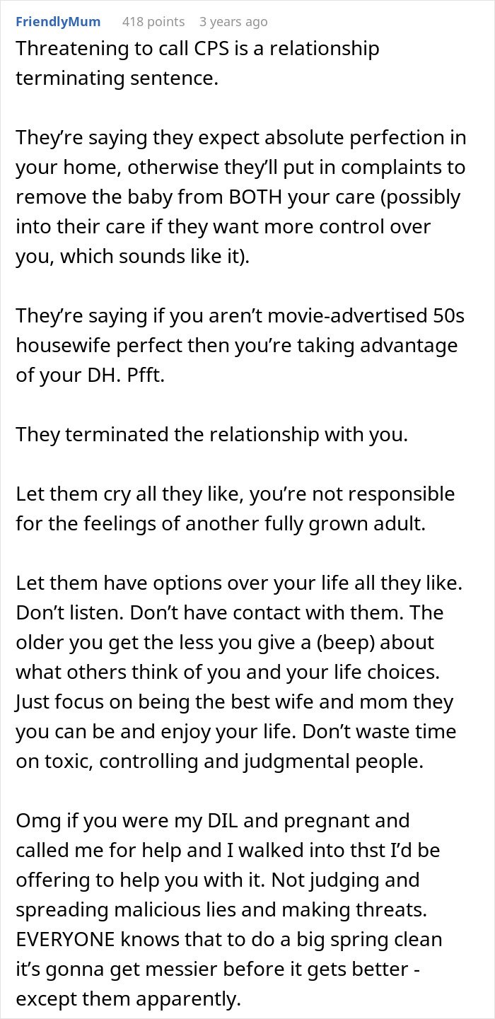 Reddit comment discussing in-laws threatening CPS over new parents’ home being declared unacceptable and toxic family dynamics.
