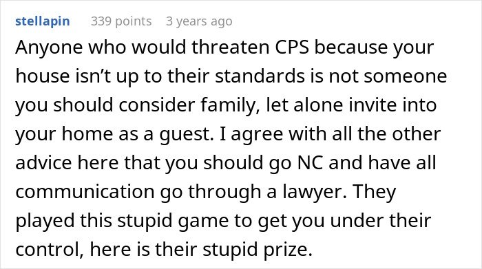 Comment discussing in-laws threatening CPS after declaring new parents’ home unacceptable and advice to cut contact.