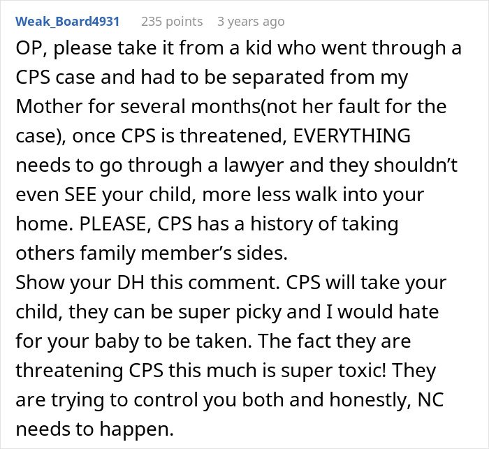 Reddit comment warning about threats to call CPS after in-laws declare new parents’ home unacceptable and toxic behavior.