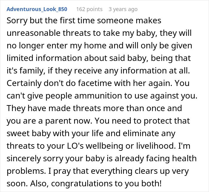 Comment discussing protecting a baby from in-laws threatening CPS after declaring parents’ home unacceptable.