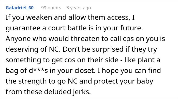 Comment discussing in-laws threatening CPS and advice on court battles and protecting new parents from family conflict.