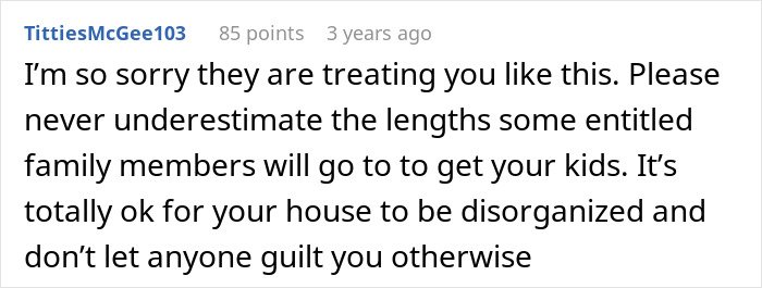 Comment expressing sympathy and warning about in-laws threatening CPS over new parents’ home conditions.