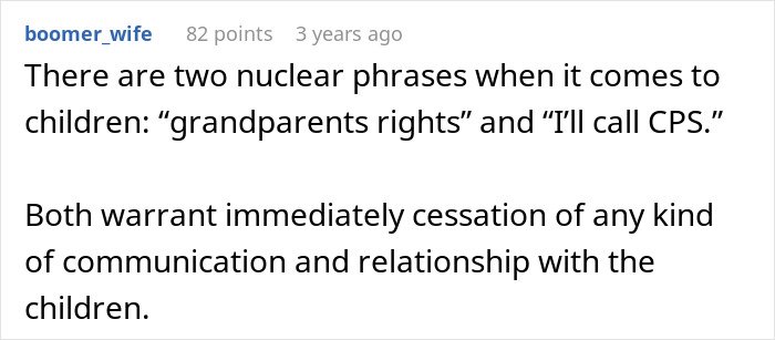 Screenshot of a Reddit comment discussing threats to call CPS and grandparents' rights in disputes over children.